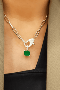 Pavé Lock Chain Necklace with Emerald Pendant